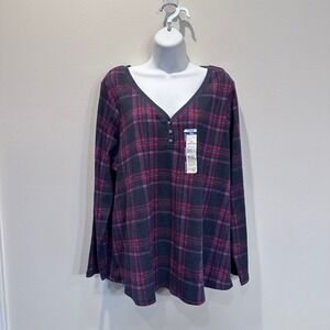 NWT Terra & Sky Womens 2X Plus Waffle Henley Top Plaid Red Apple Long Sleeve